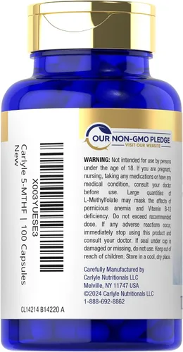 Vista 3 de Carlyle Suplemento 5-MTHF 15mg 100 cápsulas L-metilfolato Sin OMG, sin gluten Calidad premium