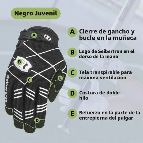 Vista 2 de Seibertron B-A-R PRO 2.0 - Guantes insignia de bateo para béisbol, sóftbol y Teeball, con super agarre, ajuste de dedo, múltiples tamaños 11 + 5