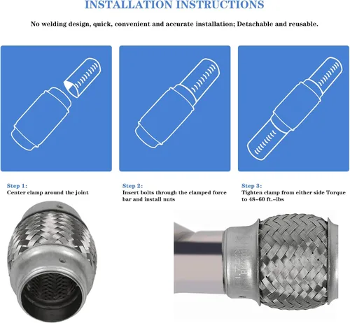 Vista 7 de Tubo Flexible de Escape con Entrada de 1.75 pulgadas, ID x 4 de Longitud Tubo Flexible, Acero Inoxidable Doble Trenza Resistente Tipo Universal Tubo
