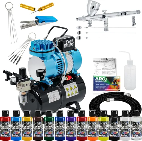 Vista 9 de Master Airbrush Cool Runner II Kit de sistema de compresor de tanque de aire de doble ventilador con kit profesional de aerógrafo de gravedad G233