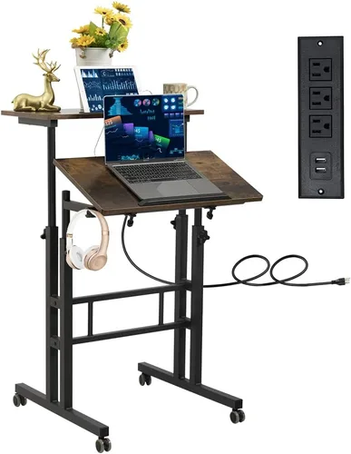 Vista 13 de Hadulcet Escritorio móvil de pie con estación de carga, escritorio ajustable para computadora de pie, carrito ajustable para laptop con ruedas