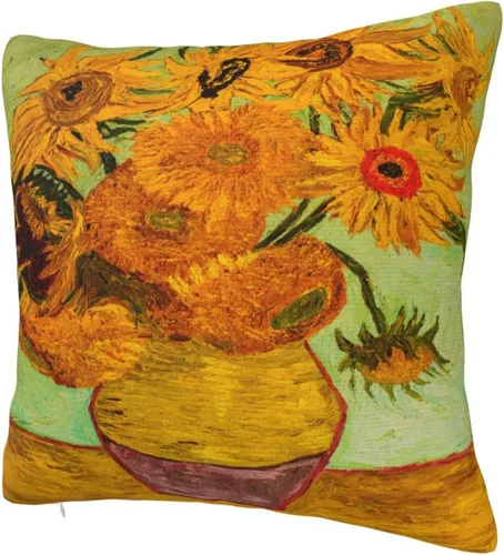 Vista 2 de Fundas de almohada de Van Gogh con diseño de girasoles en jarrón de 18 x 18 pulgadas, funda de almohada para sofá, cama, decoración del hogar