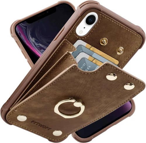 Vista 51 de Funda tipo cartera compatible con iPhone XR/10R con tarjetero de crédito, funda protectora de cuero a prueba de golpes compatible con anillo