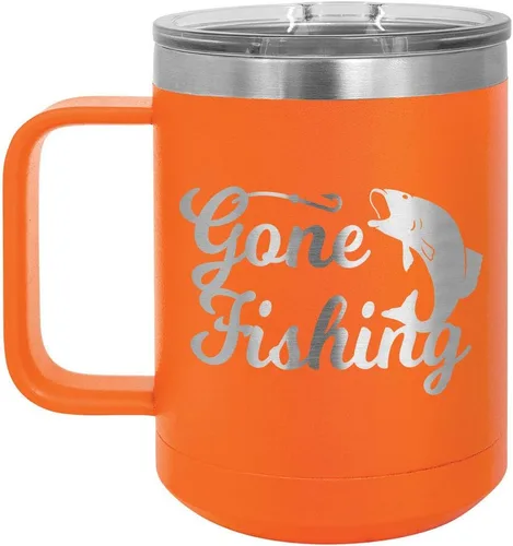 Vista 6 de GONE FISHING Taza de café negra de 15 oz con tapa deslizante Taza de café de viaje aislada Ideas de regalos de cumpleaños o Navidad de mujeres u