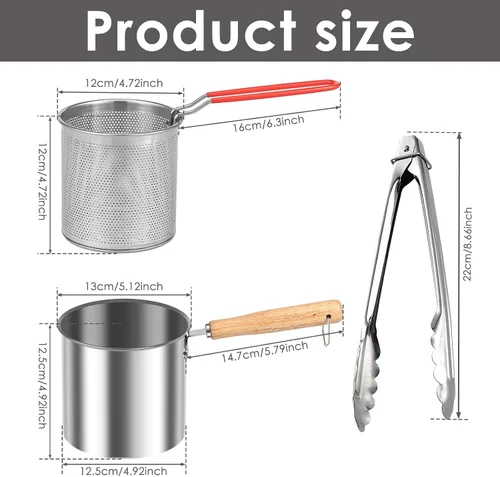 Vista 3 de Olla de freidora estadounidense con cesta coladora, olla profunda de acero inoxidable con tapa de asa, mini freidora de aceite portátil, contenedor