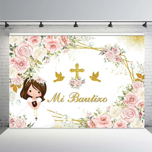 Vista 7 de MEHOFOND Mi Bautizo - Telón de fondo para niña, fondo de bautismo floral rosa con cruz dorada, fondo bohemio para bautizo de primera comunión, fondo