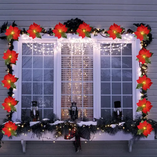 Vista 3 de FUCHSUN - Guirnalda de flores de Pascua de Navidad de 14 pies, 20 luces LED artificiales rojas con luces LED para árbol de Navidad, chimenea