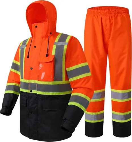 Vista 8 de JKSafety Chaqueta y pantalones reflectantes de alta visibilidad para lluvia, impermeables para hombres y mujeres, equipo de lluvia para agricultura