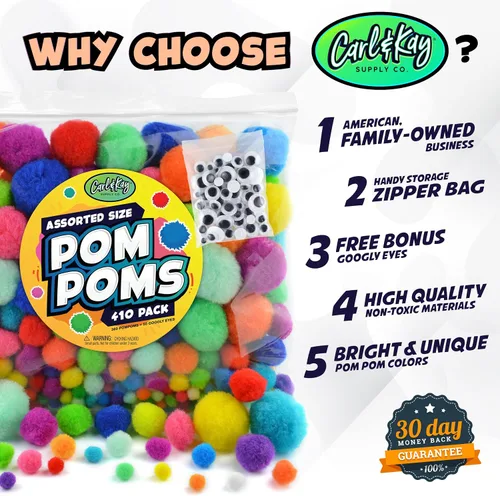 Vista 5 de 410 unidades – Pompones Jumbo para suministros de manualidades – 360 pompones peludos de colores grandes y pequeños surtidos con 50 ojos saltones