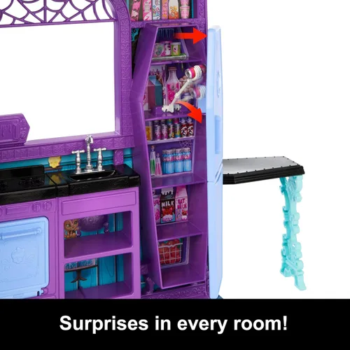 Vista 4 de Monster High Boo-tique Hotel Casa de Muñecas, juego plegable con sorpresas espeluznantes en cada habitación y más de 13 piezas, incluyendo muebles