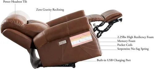 Vista 4 de Hydeline Vienna Zero Gravity Power reclinable y reposacabezas 100% cuero de grano superior, nuez, espuma viscoelástica, bobinas de bolsillo y panel