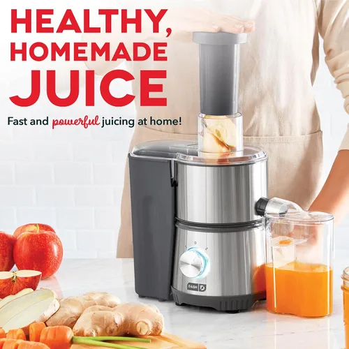 Vista 2 de Dash Exprimidor centrífugo, extractor eléctrico de jugo de 2 velocidades de 350 W para frutas y verduras, fácil de limpiar, máquina de exprimir Gris