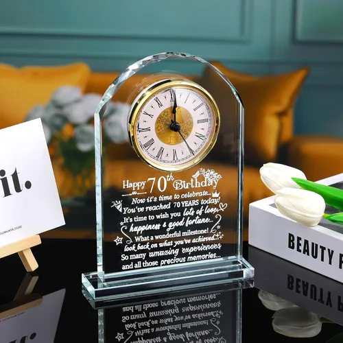 Vista 8 de Ornalrist Reloj de cristal de feliz cumpleaños 70 para mujeres, hombres, recuerdo de cumpleaños de 70 años para mamá, papá, padres, decoración