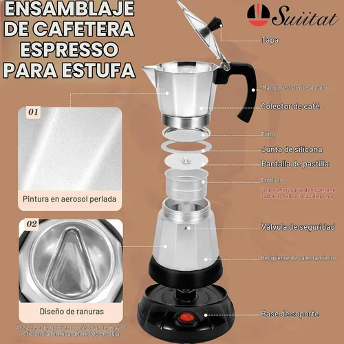 Vista 2 de Cafetera Moka Eléctrica de Aluminio Plateado, Cafetera de Espresso de 3 o 6 Tazas con Placa de Reducción de Dosis