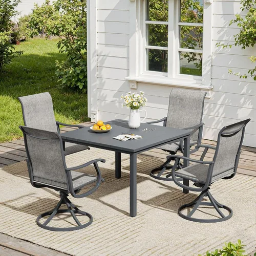 Vista 39 de VICLLAX Muebles pequeños de exterior de 3 piezas, 2 sillas giratorias de patio y mesa redonda pequeña para 2, sillas de carbón oscuro y negro