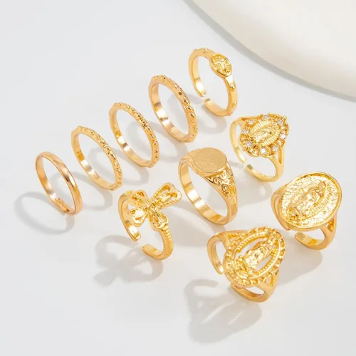 Vista 6 de Juego de anillos dorados de cruz de Virgen María para mujer, 10 piezas vintage gruesos apilables, anillos cruzados para nudillos, accesorios retro