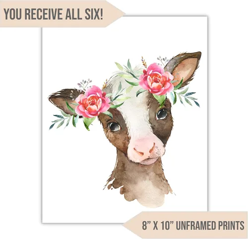 Vista 4 de Arte de pared de animales de granja (juego de 6 sin marco) pintura de acuarela para habitación de niños, papel de póster de 8 x 10 pulgadas, kit