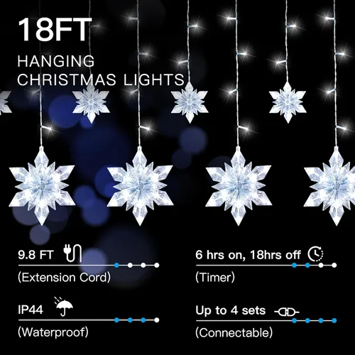 Vista 5 de Luces Navideñas de Copo de Nieve para Exteriores, 8.2 pies, 144 LED Luces de Cadena Navideñas Conectables con Enchufe, Luces Colgantes de Carámbano