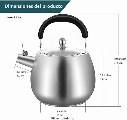 Vista 6 de Tetera de té resistente, tetera silbante, fondo sin costuras, acero inoxidable 304, acabado cepillado (4L)