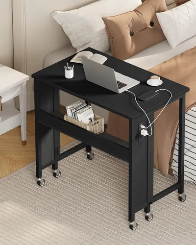 Vista 7 de CHOEZON Escritorio plegable moderno para computadora de 31.5 pulgadas con tomas de corriente, ruedas, almacenamiento, perfecto para espacios Negro