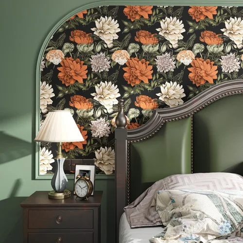 Vista 4 de Papel tapiz bohemio floral para despegar y pegar, papel de contacto vintage y naranja de 17.5 x 118 pulgadas, papel de pared moderno de flores Negro
