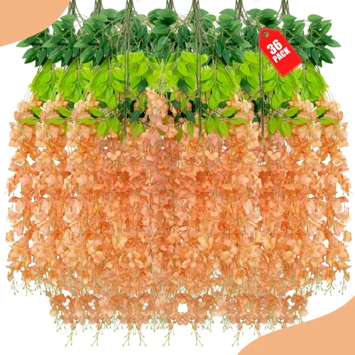 Vista 34 de Paquete de 12 flores colgantes de glicina rosa, flores colgantes falsas de 3.44 pies, guirnalda de glicina artificial para decoración de boda, telón