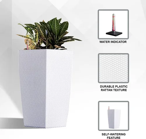 Vista 3 de XBrand Maceta cuadrada de ratán blanco de 30 pulgadas de alto para interiores y exteriores, maceta decorativa alta para jardinería, decoración