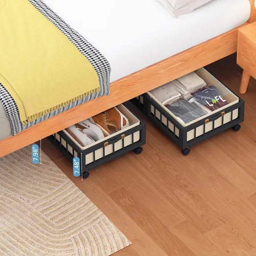 Vista 2 de efluky Paquete de 2 contenedores de almacenamiento de bambú debajo de la cama con ruedas, cesta de almacenamiento de ropa debajo de la cama