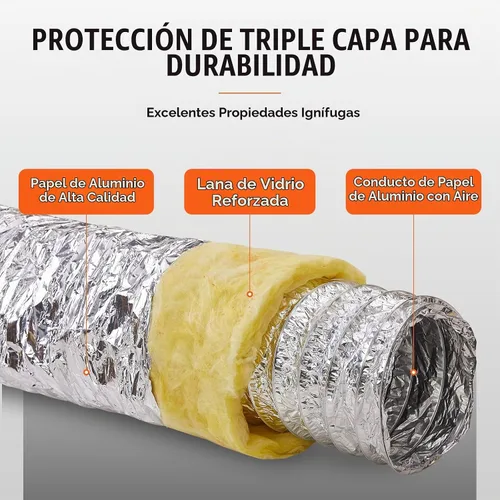 Vista 3 de VEVOR - Conducto flexible aislado de 6 pulgadas x 25 pies R-4.2, manguera HVAC de 3 capas de eficiencia energética con 2 abrazaderas para conductos