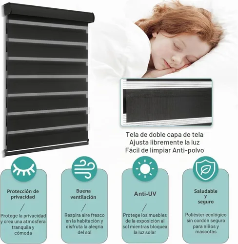 Vista 7 de MYshade Persianas sin cordones de cebra con función de parada libre, doble capa de filtrado de luz y privacidad para día y noche, persianas de Negro