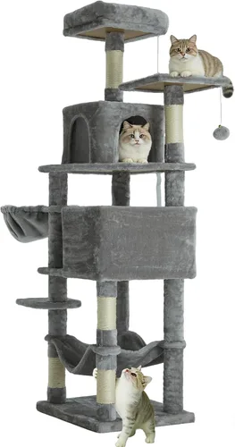 Vista 11 de Árbol para gatos de 35.8 pulgadas con cama doble para gatos y hamaca, rascador de felpa con plataforma cómoda para dormir y pelota de juguete