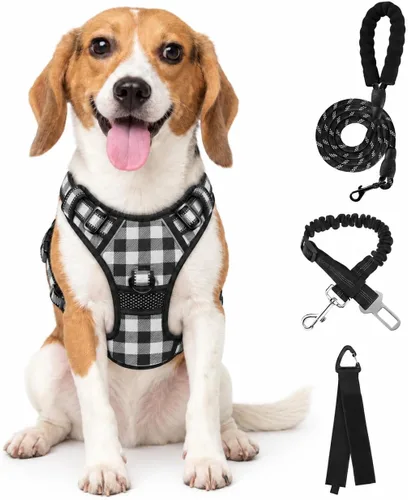 Vista 19 de FURRYFECTION Plaid Dog Harness with Leash and Seat Belt Set, Beige&White, M Tartán beige