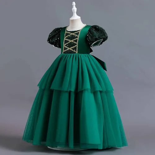 Vista 5 de lcziwo Vestido vintage de lentejuelas para niñas, disfraz de princesa medieval con manga abombada, vestido de fiesta histórica con lazo