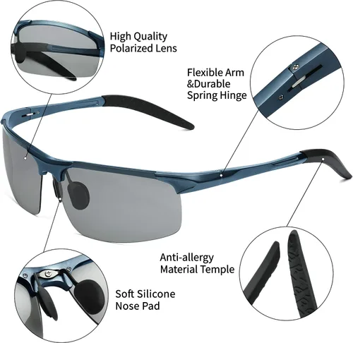 Vista 4 de Wzerry Lentes de sol polarizados fotocromáticos para hombres lentes de sol deportivos con marco de metal Al-Mg para conducir protección UV400