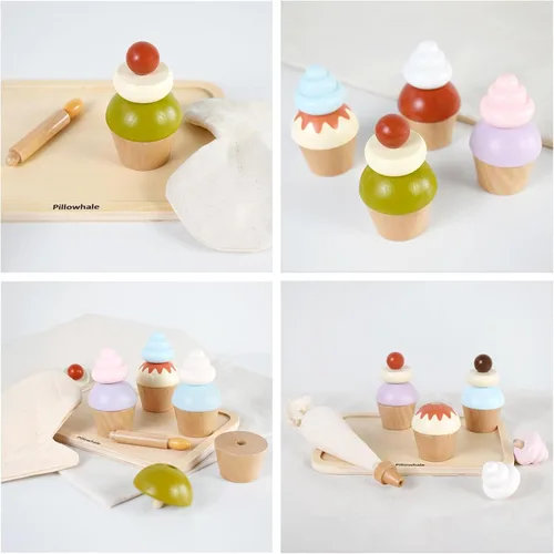 Vista 4 de Juguetes de madera para cupcakes, 21 piezas, juguetes de comida para hornear con coberturas intercambiables, regalo de fiesta de té Montessori