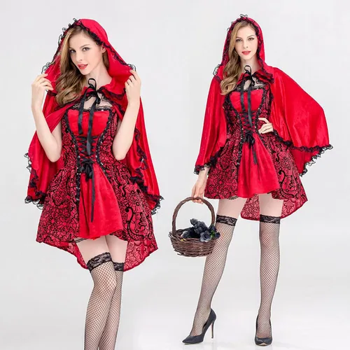 Vista 2 de Disfraz de caperucita roja para mujer, vestido gótico de encaje sexy con cordones y estampado floral con capucha