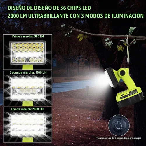 Vista 3 de Linterna de 18 W compatible con batería Ryobi de 18 V, reflector de luz de 2000LM 18V con puerto USB, puerto tipo C, cabezal giratorio de 110 grados