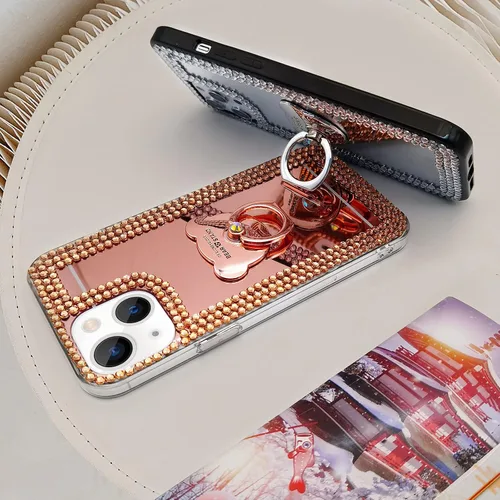 Vista 5 de LUVI Compatible con iPhone 15 Plus Mirror Bling Case con anillo, bonito soporte de diamantes de imitación con purpurina, agarre para los dedos