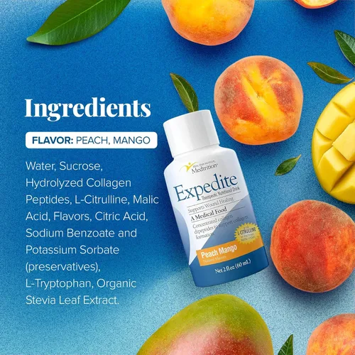 Vista 3 de Medtrition Expedite - Colágeno líquido, mango de melocotón, 2 onzas líquidas, paquete de 24, apoyo nutricional para recuperación de cirugía general