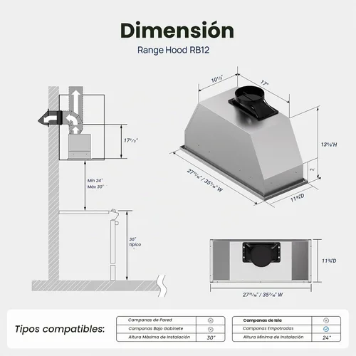 Vista 8 de VIKIO HOME Campana Extractora Empotrable de 30 Pulgadas, 980 CFM Campana de Ventilación de Cocina Integrada, Convertible con Conductos/Sin
