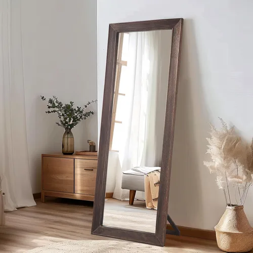 Vista 2 de MELOMOIR Espejo rústico de madera maciza de cuerpo completo, 64 x 21 pulgadas, color marrón carbón Solid Wood Frame, Shatterproof Tempered Glass
