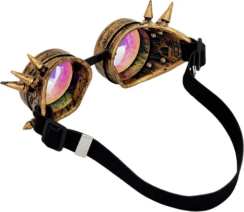 Vista 27 de Gafas de caleidoscopio retro con pinchos, gafas de cristal arcoíris steampunk estilo soldadura, gafas de cosplay punk