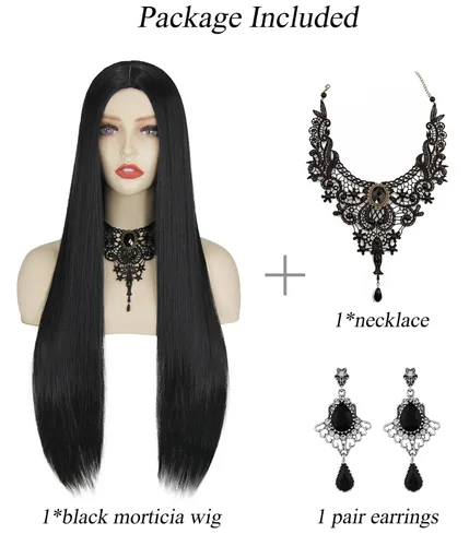 Vista 2 de CJK Peluca negra para Morticia Addams, peluca larga negra para disfraz de Morticia Addams, para mujer, con collar y aretes para Halloween, disfraz