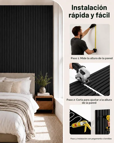 Vista 8 de Paneles de pared de listones de madera acústica, paquete de 4 unidades de Negro