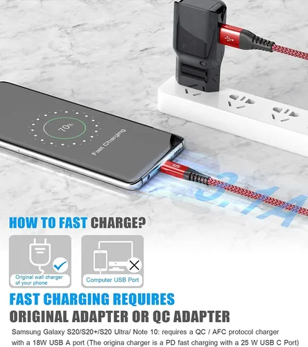 Vista 3 de sweguard Cable USB tipo C de 3.1 A de carga rápida [2 unidades, 3.3 pies + 3.3 pies], cargador USB-A a USB-C, cable trenzado de nailon para Samsung