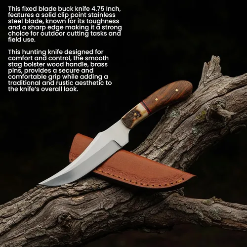 Vista 4 de SZCO Cuchillo de caza Full Tang de 4.75 pulgadas, cuchillo de campamento pequeño con mango de madera, hoja de acero inoxidable y funda, cuchillo