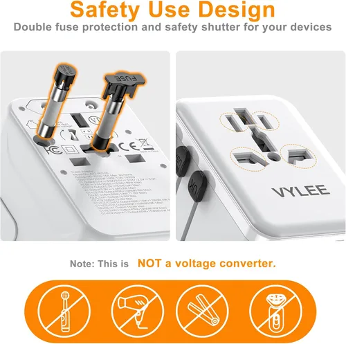 Vista 12 de VYLEE PD100W GaN Adaptador de Viaje Universal, Adaptador de Corriente Internacional Todo en Uno, 3 USB C y 1 USB A y Salida de CA, Adaptador