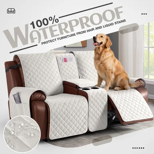 Vista 3 de KinCam Funda 100% Impermeable para Loveseat Reclinable con Consola, Fundas Antideslizantes para Sofá Reclinable de 2 Asientos, Funda para Sofá