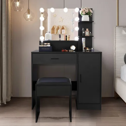Vista 9 de Juego de tocador grande, mesa de maquillaje iluminada con taburete de tocador, tocador de maquillaje con luces, escritorio de maquillaje