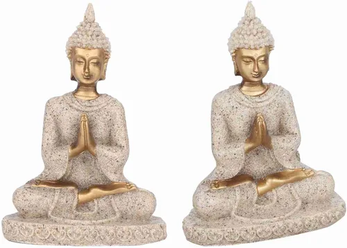 Vista 8 de Hilitand Estatua de Buda meditando sentado decoración del hogar adorno tallado figura artesanía arenisca (A dorado)